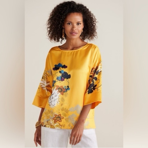 Soft Surroundings Zehra Tahitian Blouse Yellow Floral Kimono Sleeve Plus Size 1X - Picture 1 of 8